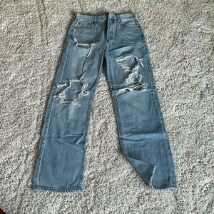 high waisted button up flare ripped jeans